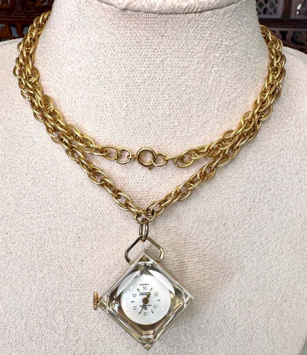 Vintage Diamond Cut Crystal Pendant Watch Necklace